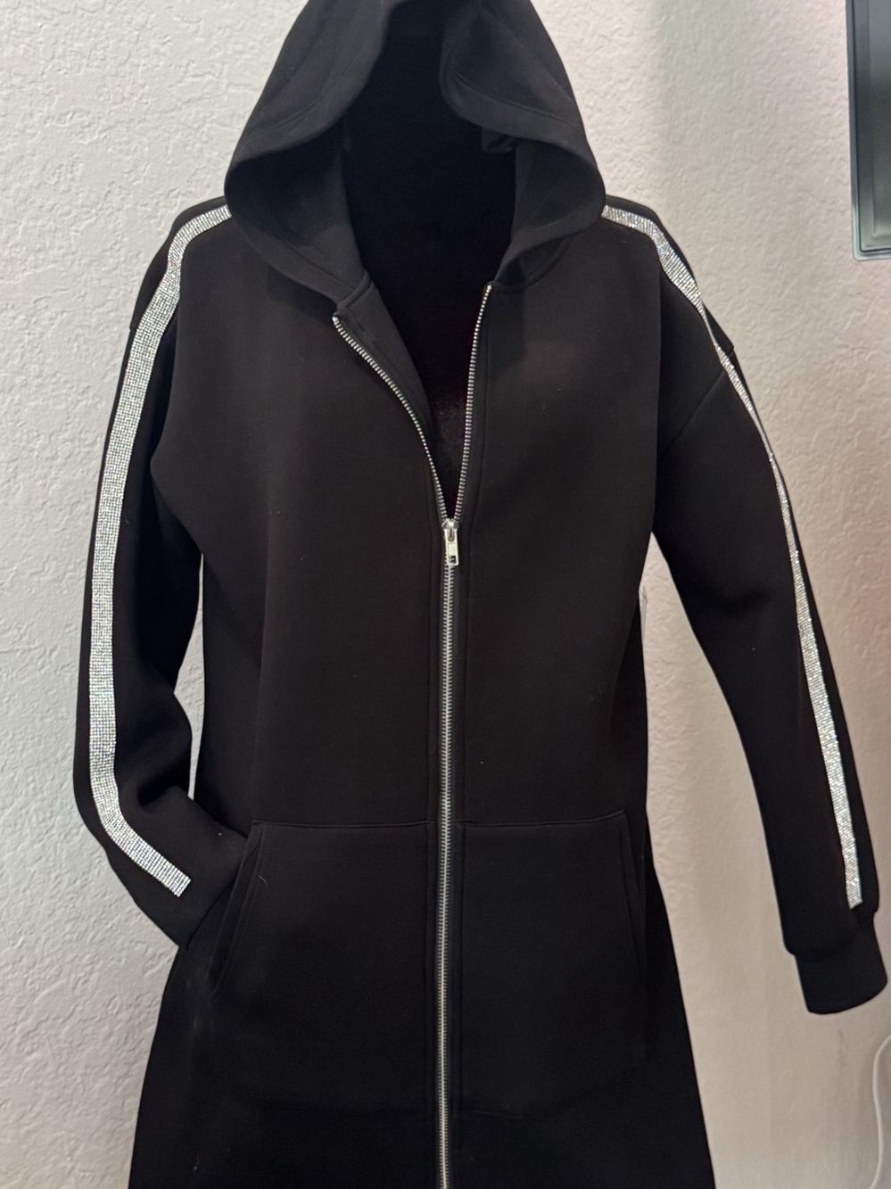 Boston Proper Embellished Stripe Zip Hoodie Jacket Black-size M